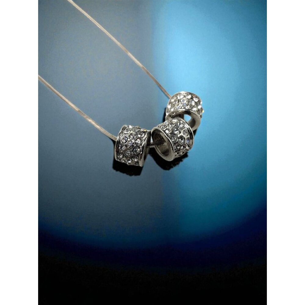 Vintage Elegant Sterling Silver Necklace With Three Sparkling Rhinestone Beads - Picture 4 of 16